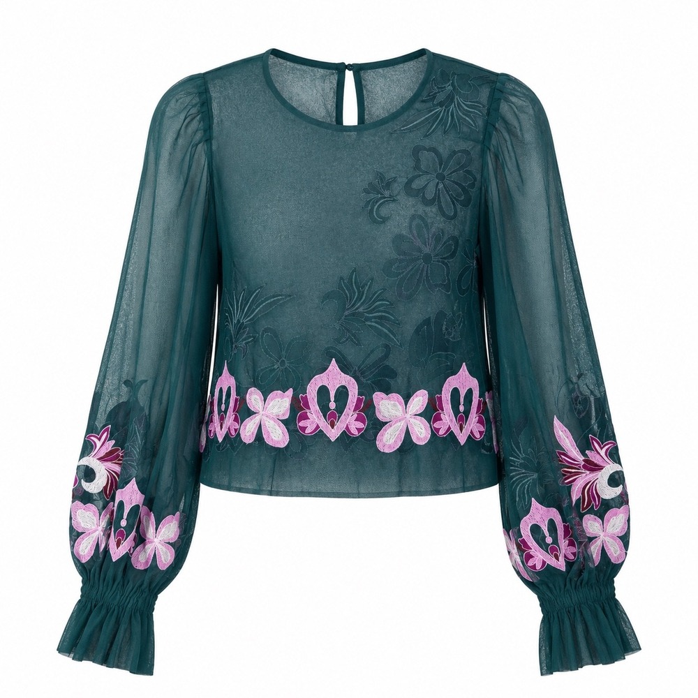 Anthropologie Floral Embroidered Mesh Blouse Small Teal Sheer Boho Top Fairycore